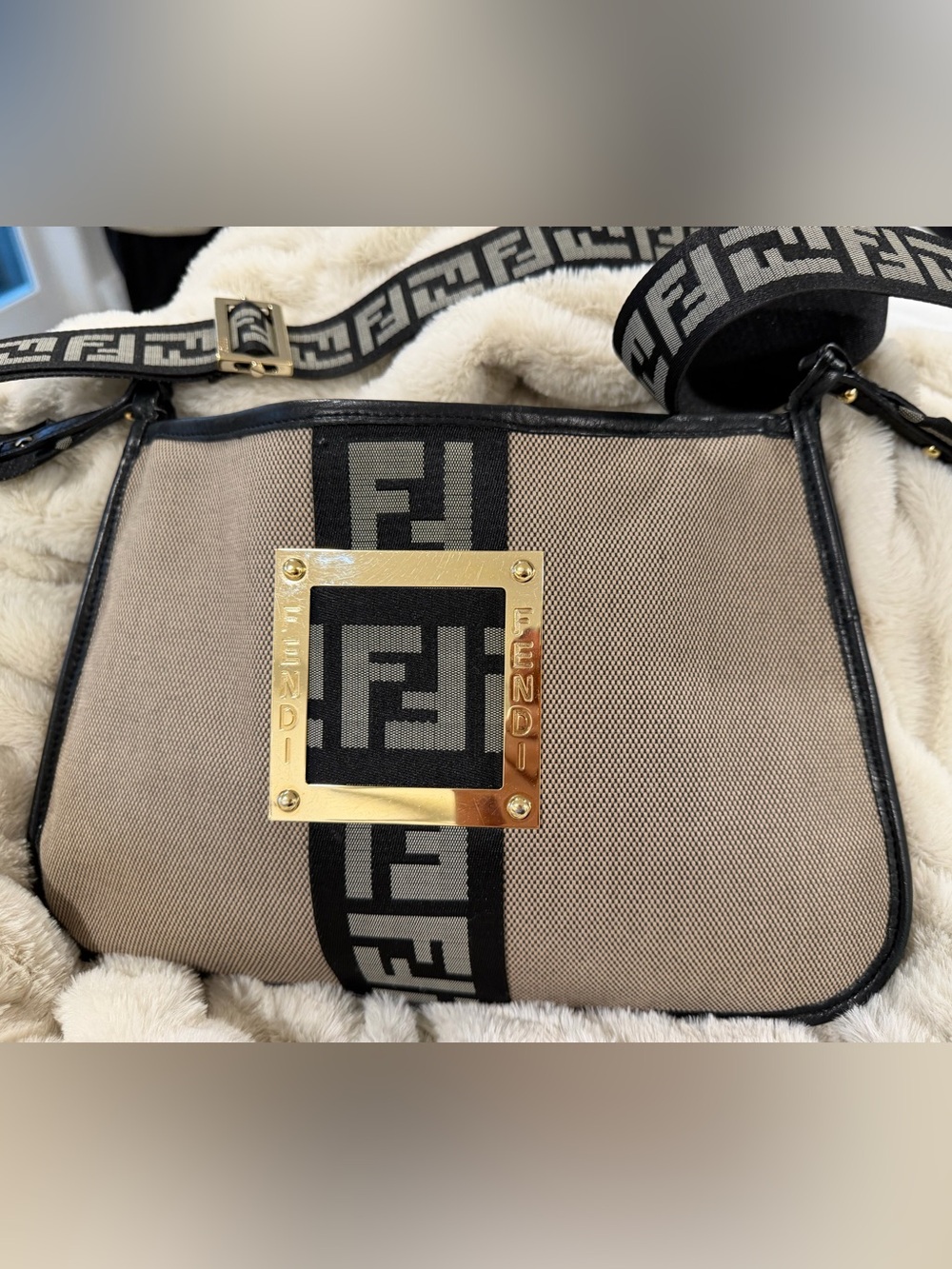 Fendi Beige and Black Canvas Crossbody with Gold Logo Plaque